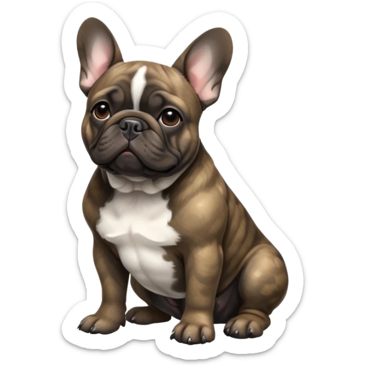 cinematic-[french bulldog]-realistic-full-body-sitting-emoji,-tail-resting-loosely-beside-its-paws,-head-tilted-dramatically,-sleek-[solid brindle]-fur,-simplified-yet-realistic-focused-features,-highly-detailed,-glowing-with-an-almost-sarcastic-glow sticker