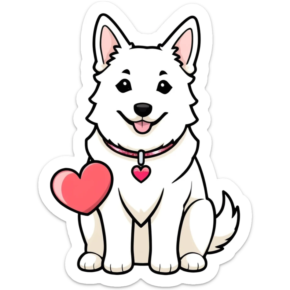 white Swiss Shepherd dog with a Glitter collar . ober the Dog ist a heart sticker