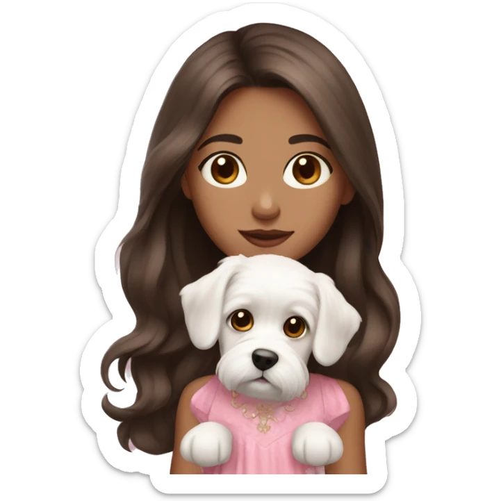Darkbrown long hair brown eyes girl with maltese puppy with pink dress sticker