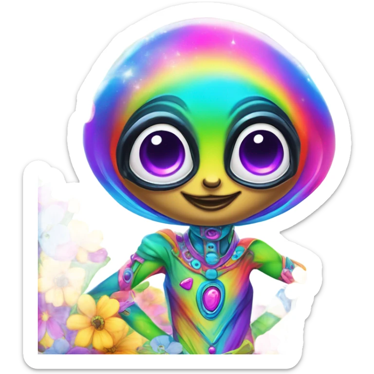 Lisa frank rainbow alien with big oval head and big black eyes with flowers sticker