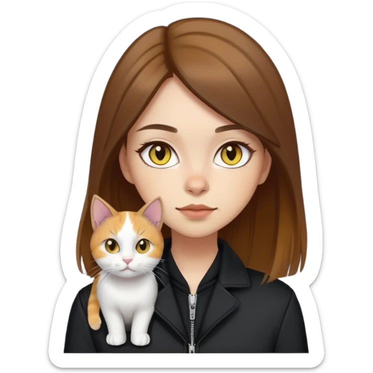 Light-skinned girl with brown straight hair wearing a black jacket, with a white cat with yellow eyes and a calico cat sticker