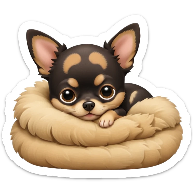 A high-resolution photo-realistic digital illustration of a cute black and tan chihuahua with big eyes shut sleeping lazily. sticker
