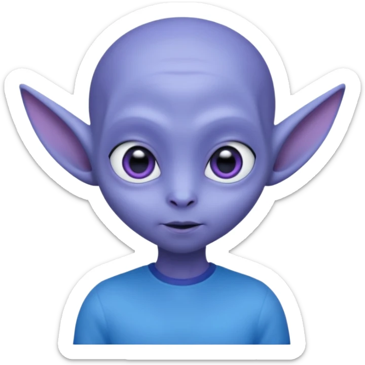 Portrait of an cute alien with smooth purple-blue skin, large black oval eyes, small nose, and visible ears, elongated head, front-facing, wearing blue t-shirt, soft glow, simple futuristic design sticker