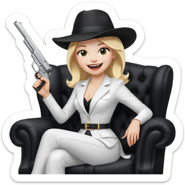 Mafia blondes Laughter woman in hat , gun ,black armchair , white costume  sticker