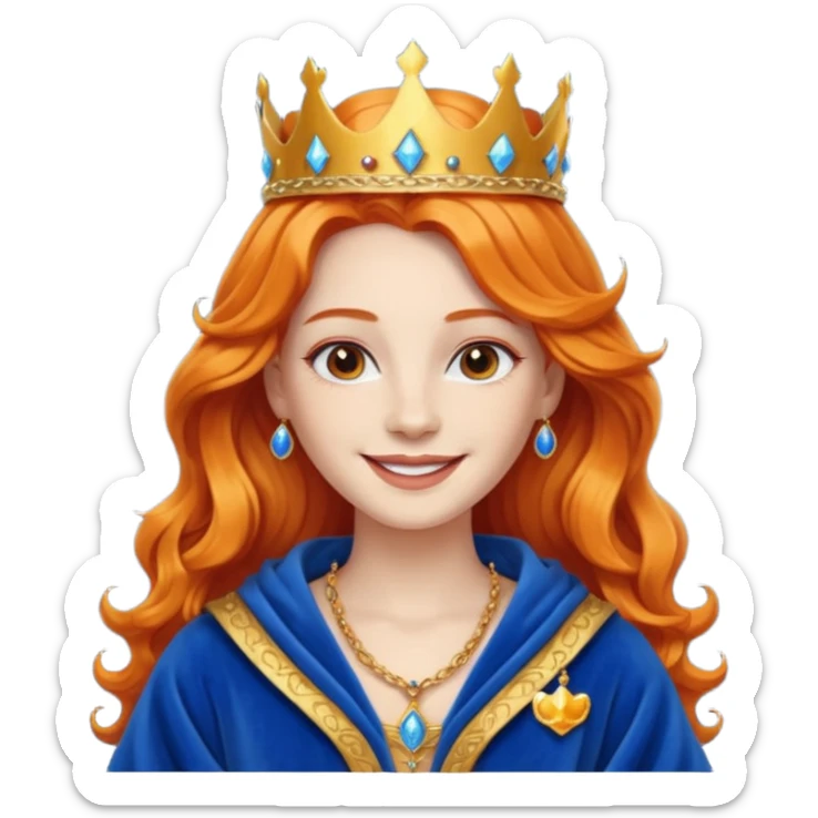 young queen white skin, long wavy orange hair, bright smile, wearing crown and blue robe emoji sticker