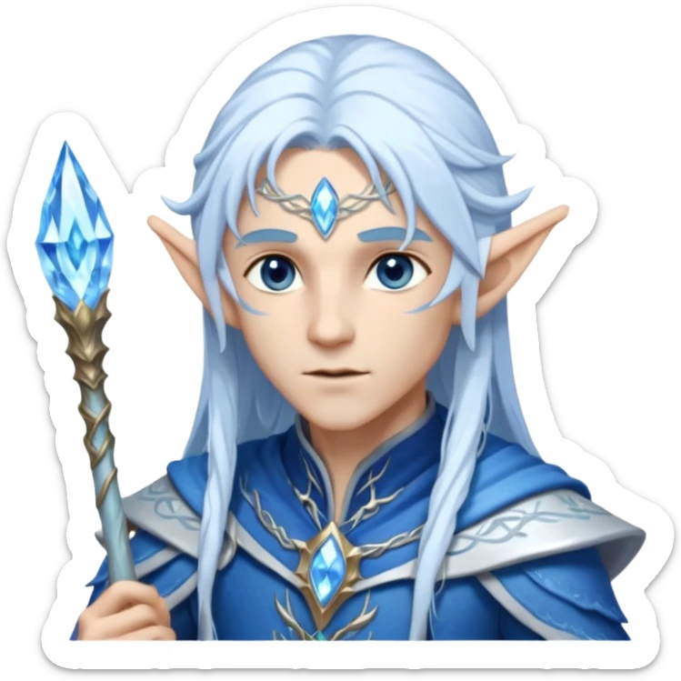 Legendary fantasy Christmas elf portrait icon, Santa Claus and Snow Maiden inspired, ancient winter spirit style, long flowing white-blue hair, glowing frost eyes, crystal staff, elegant elven features, divine winter magic aura, icy silver color palette, highly detailed but clean emoji icon male sticker