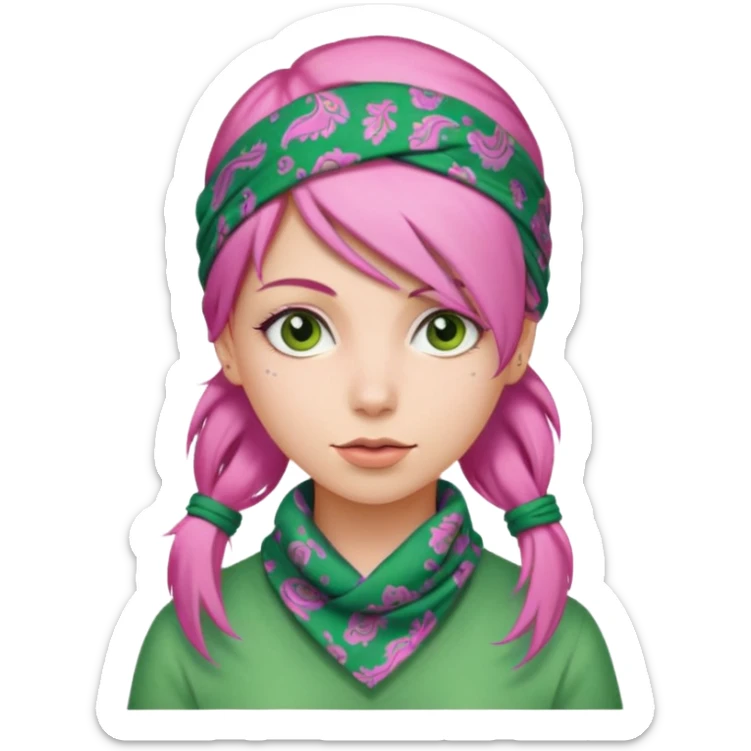 woman with a green paisley bandana and pink hair sticker