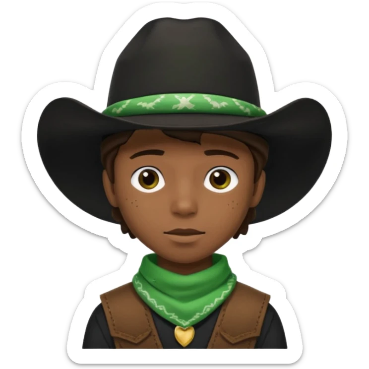 Black boy in black top wearing a black cowboy hat with green bandana around his neck sticker
