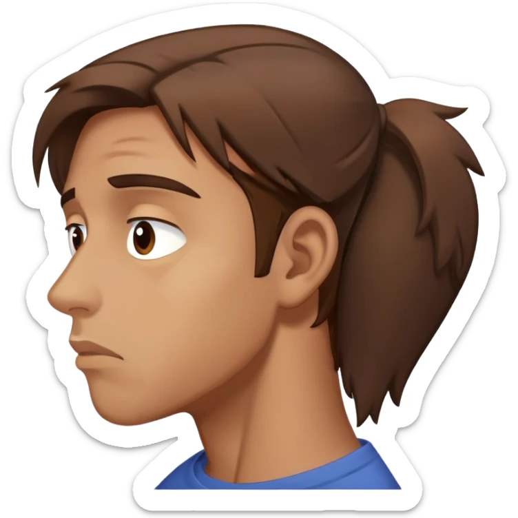 a man with brown hair staying in a
full height in profile with anxiety and begging face with a broken heart sticker