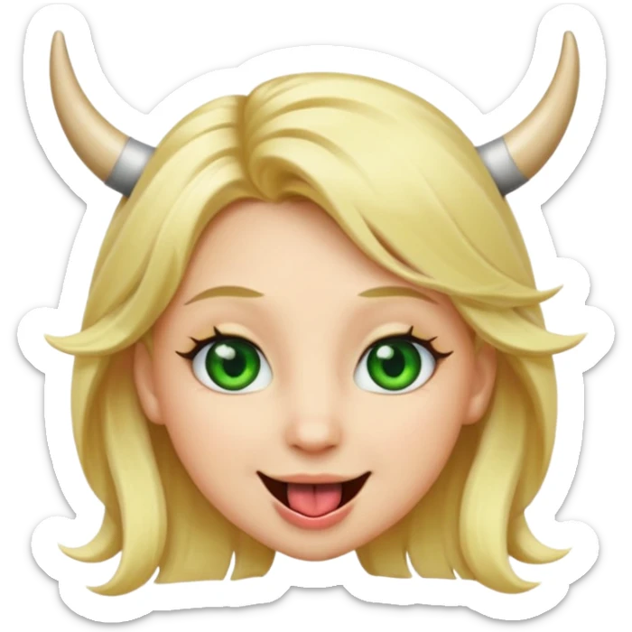 Emoji femme blonde cheveux blond, yeux vert avec de long cils noir qui a des cornes et tire la langue   sticker
