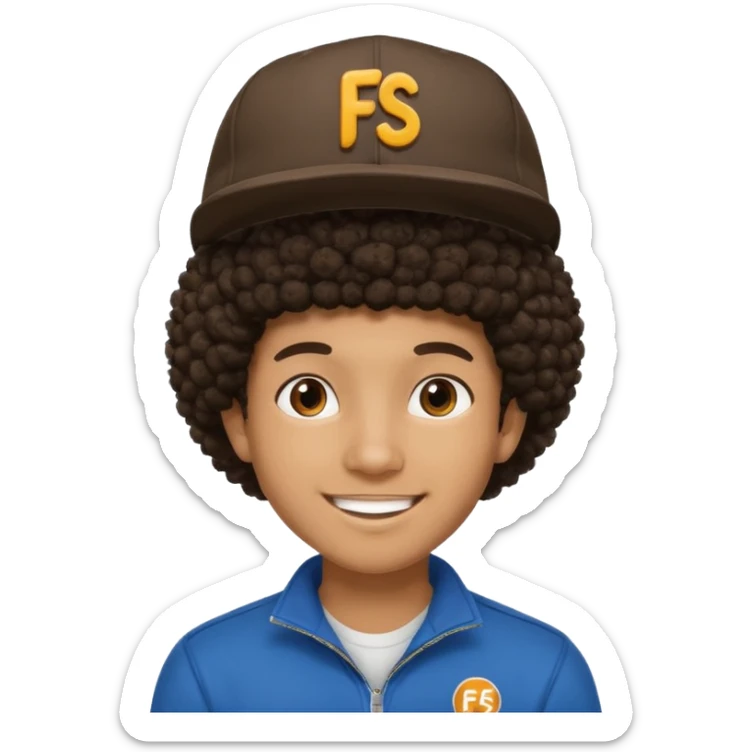 young black male with afro hair, smiling, wearing a cap with 'FS' logo sticker