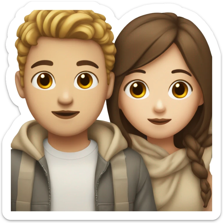 White girl with brown hair kissing Asian boy with brown hair sticker