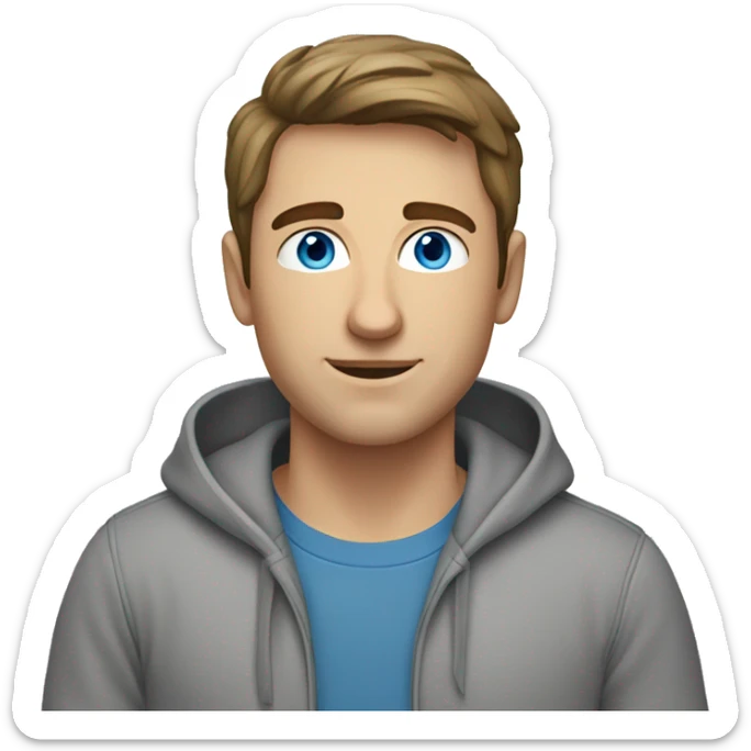 A caucasian man with short brown hair wearing a grey hoodie with blue eyes sticker