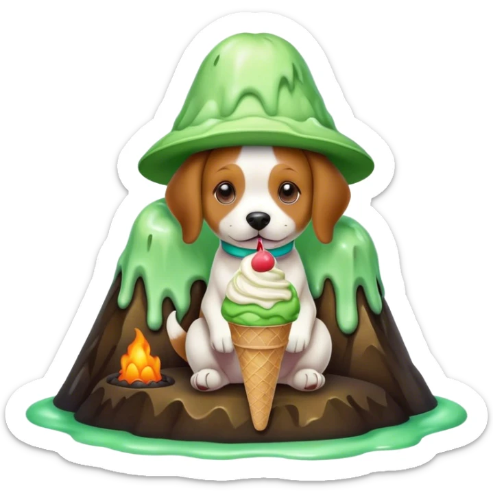 a dog with a hat and ice cream in green colour and sitting in a volcano sticker