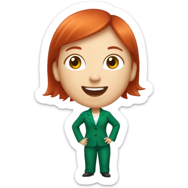 a girl with red hair, wearing an emerald pantsuit, ((cheerful, laughing)), surrounded by a white outline, on a transparent background sticker