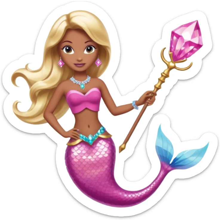 Brown skin blonde hair barbie mermaid with pink diamond tail and wand  sticker