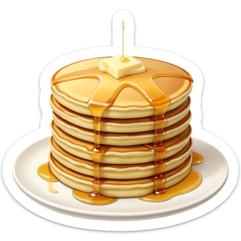 Cinematic fluffy golden pancakes, stacked high, drizzled with maple syrup, topped with fresh butter melting on top, light dusting of powdered sugar, warm and inviting, soft glow and mouthwatering. sticker