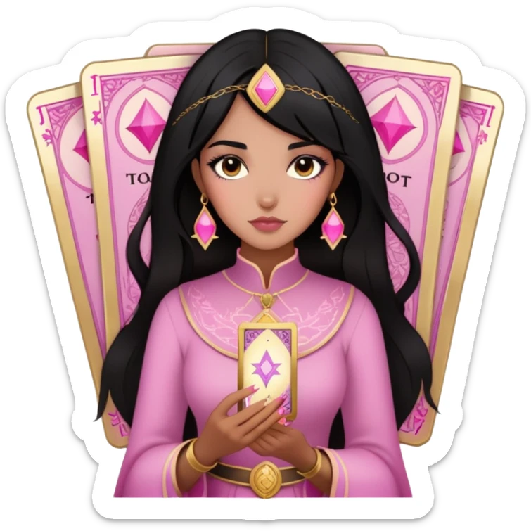 black hair girl with pink pink tarot gold cards sticker