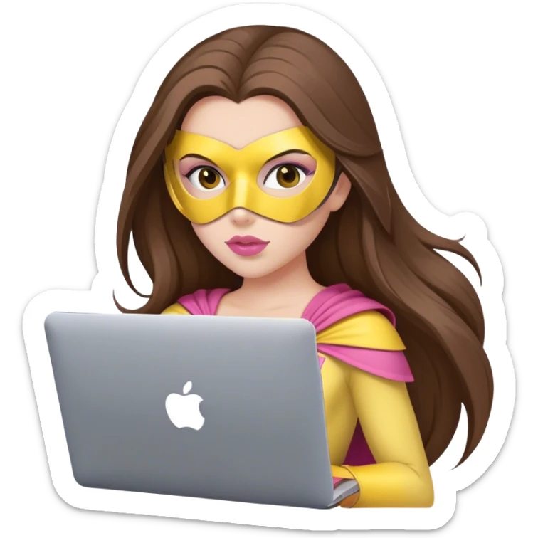 European girl long brown hair. brown eyes, blush pink lips, with mask of superhero with MacBook European girl long brown hair. brown eyes, blush pink lips, with yellow  mask of superhero with MacBook sticker