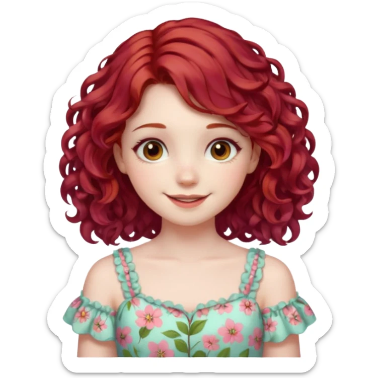 girl with shoulder length curly cherry red hair with brown eyes and pale skin smiling. pastel dress sticker