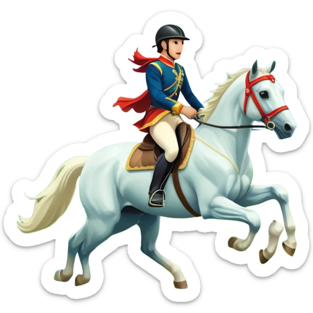 An icon showcasing a majestic horse and rider in full gallop across a lush green field. The background features a clear sky, distant mountains, and a vibrant landscape. The rider wears traditional gear, while the horse leaps with grace and power. Transparent background sticker