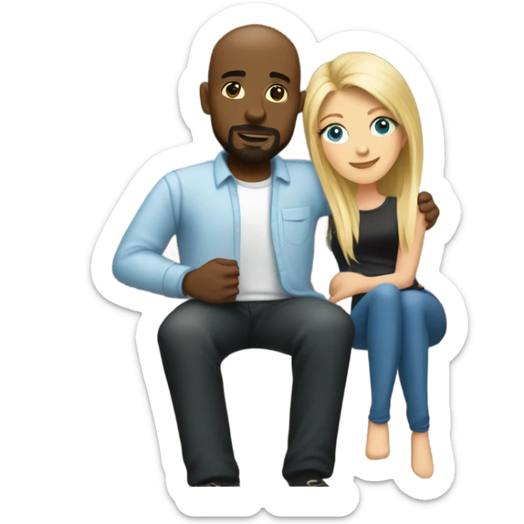 Blonde woman with blue eyes and long straight hair and black man who is bald with a goatee seated together on a sofa enjoying a passionate embrace.   sticker