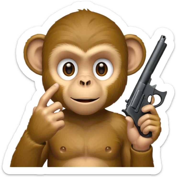 “A monkey covering his mouth with one hand and holding a gun to his head with the other hand.” sticker