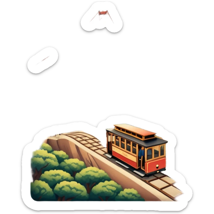 Make a full city of San Francisco with the Golden Gate Bridge in the background and a train car going up the hill sticker