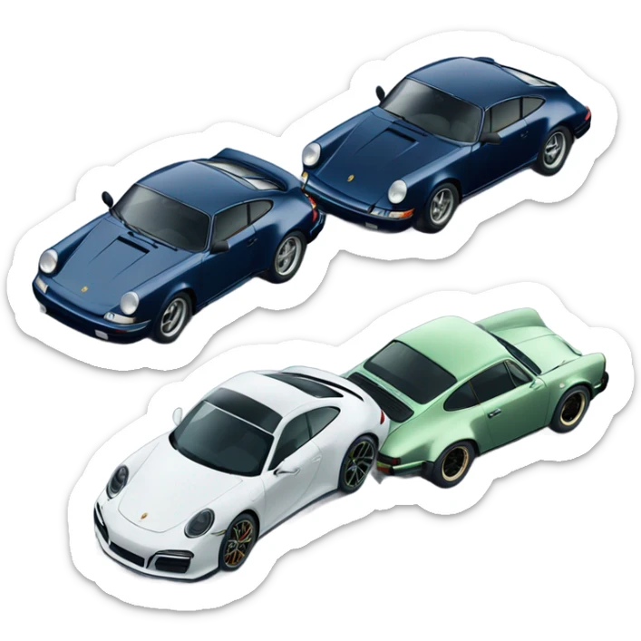 Three CARS porsche 911 cars lined up next to each other all one navy blue one black and one dark green sticker