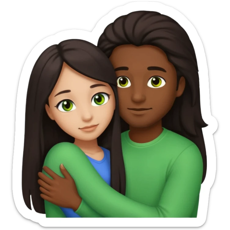 black guy with brown eyes and a girl with long dark hair, green eyes, and light skin in a side hug, emoji style sticker
