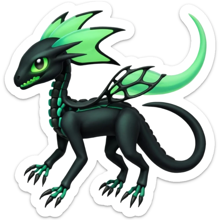 Obsidian-black and neon-glowing-green skeletal Meloetta-Salandit-Gorebyss-Salazzle-Pokémon-Fakémon-creature-fusion-hybrid sticker