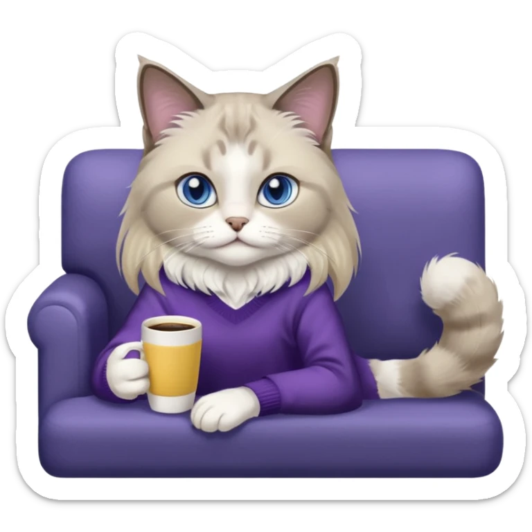 a cute blue eyed brown and white ragdoll cat with white paws and brown and beige tail wearing the dark violet sweater with yellow letteting "Milena" sitting on a grey sofa with grey laptop branded lettering "Lenovo", it` not brand Apple - only Lenovo and drinking coffee sticker