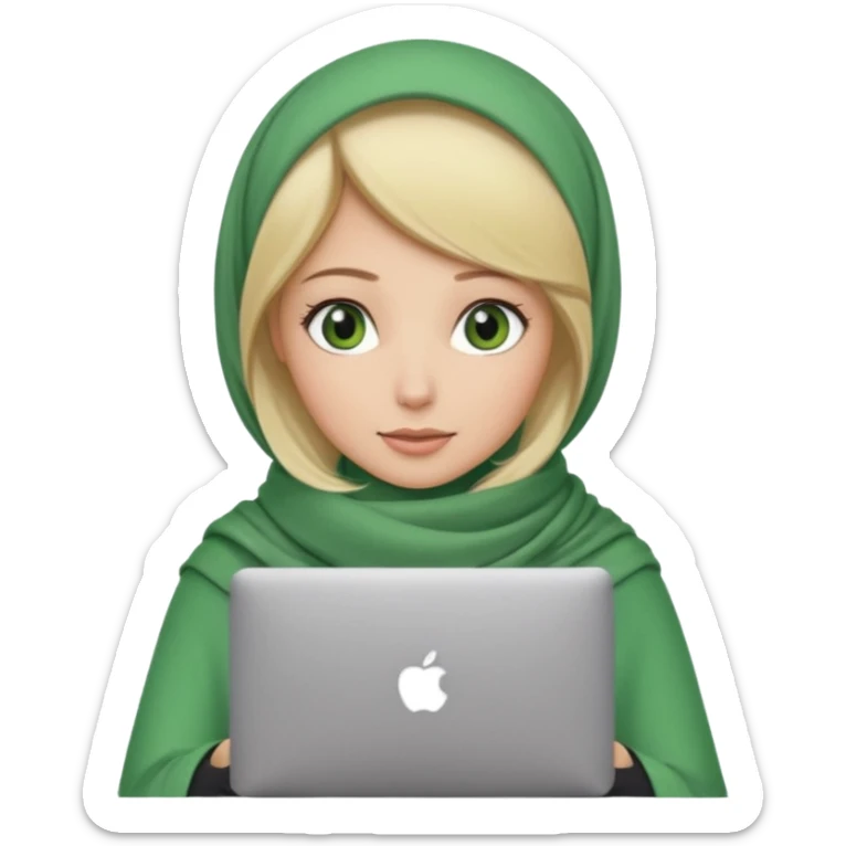blond women skine , with green eyes , with scarf hijab , heid the hair, with macbook sticker