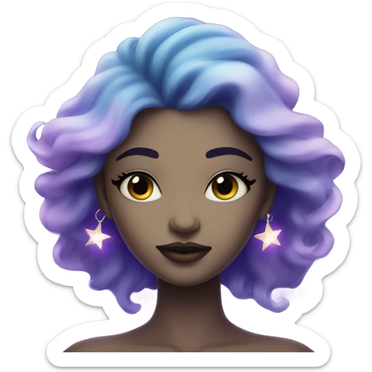 mystical woman with white skin with sparkling galaxy hair with moon and stars in purple and blue shades sticker