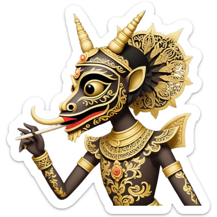 Wayang – Cinematic Realistic Wayang, depicted as intricately carved traditional Indonesian shadow puppets with expressive features and vibrant cultural motifs, set against a dark, dramatic backdrop with subtle glowing highlights that evoke the mystical art of shadow play. sticker