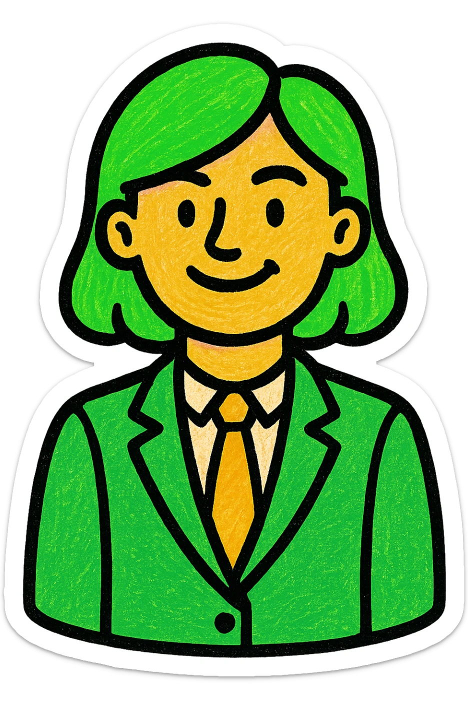 woman in suit, modern look, green gold and white color scheme, rounded shapes, simple design sticker