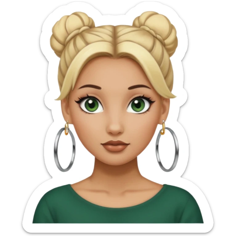 A girl with tan skin and dark green eyes with her blonde hair up in a bun and wearing heavy makeup and has large hoop earrings sticker