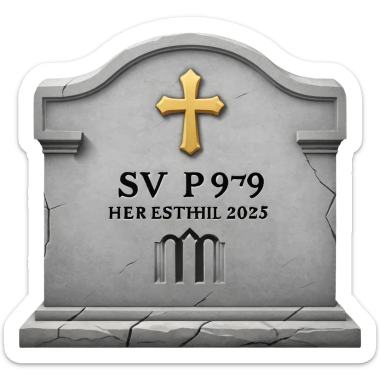 A gravestone with the inscription: Here lies the SVP 1971–2025 sticker