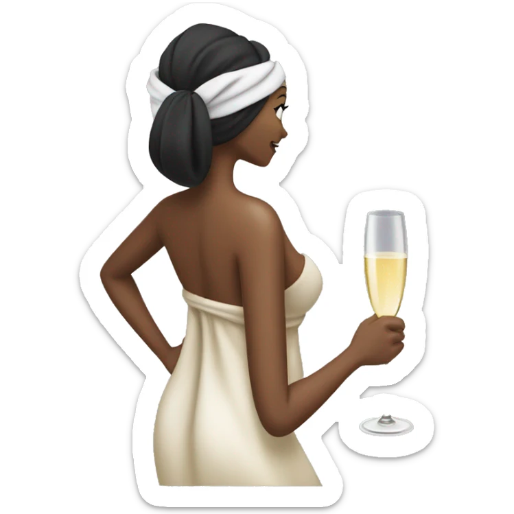Girl with towel wrapped around her head and body holding a champagne glass in black high heels  sticker