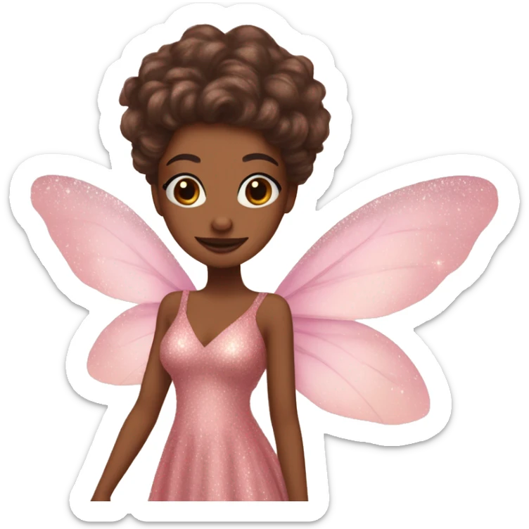 Brown skin fairy with long brown gair pink dress pink sparkly eyeshadow and long eyelashes and wings sticker