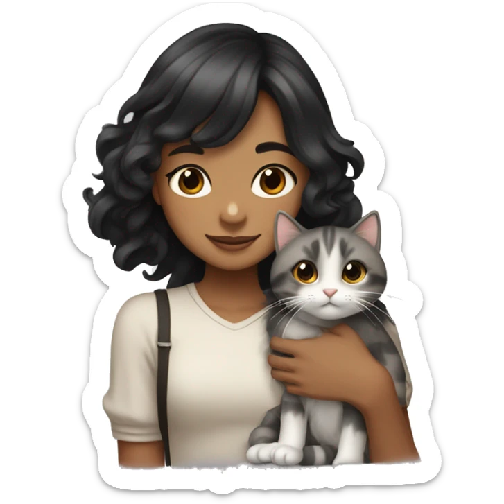 TAN SKIN GIRL with long black wavy hair and bangs HUGGING HER LIGHT BROWN, GRAY, and WHITE CALICO CAT  sticker