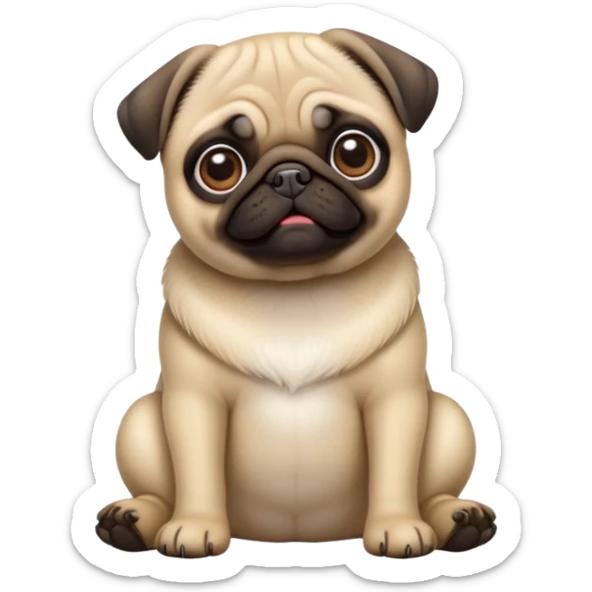detailed-[cute pug]-realistic-full-body-sitting-emoji,-tail-resting-loosely-beside-its-paws,-head-tilted-dramatically, -sleek-fur,-simplified-yet-realistic-focused-features,-highly-detailed,-glowing-with-an-almost-sarcastic-glow sticker