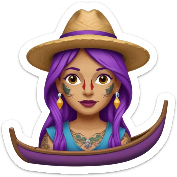 tattoed face venice gondolier with iconic hat woman purple long hair sticker