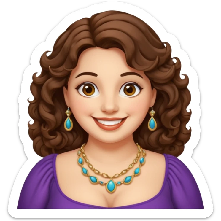 30 yr old italian woman, chubby, brown wavy hair, big brown eyes, huge smile, fancy dress, no bangs sticker
