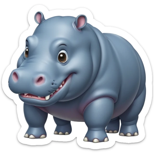 cinematic-hippo-realistic-full-body-side-view-standing-on-all-fours-emoji,-massive-round-frame,-wide-mouthed-grin-exposing-huge-teeth,-head-tilted-dramatically,-thick-greyish blue-hide-glossy, big cute eyes sticker