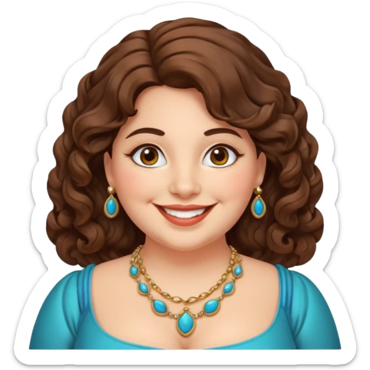 30 yr old italian woman, chubby, brown wavy hair, big brown eyes, huge smile, fancy dress, no bangs sticker