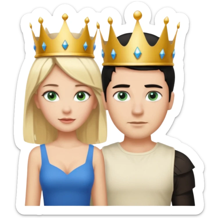 Prince with crown, black hair, body, legst, blue eyes, woman blonde hair, green eyes, sexy white short sleveless dress,  sticker