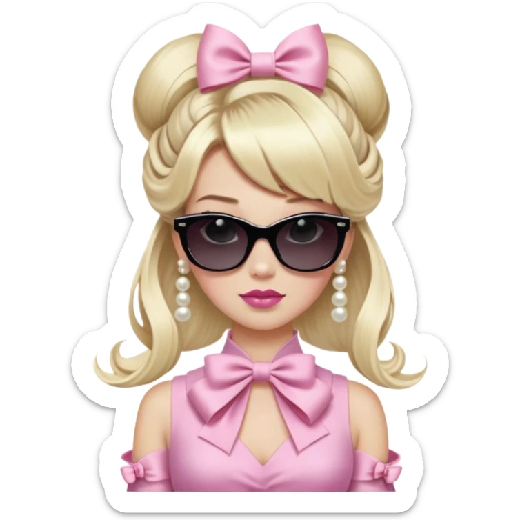 A woman with light blonde hair styled in a large bow-shaped updo.  The hair has bangs and is very long, cascading down her shoulders.  The woman is wearing large, dark, square-framed sunglasses.  Her makeup includes light pink lipstick and subtle eyeshadow.  A strand of pearls is visible around her neck.  She is likely of Caucasian ethnicity.   sticker