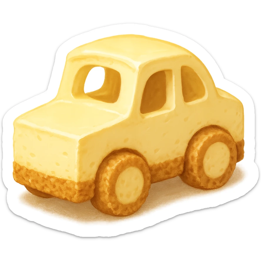a small car made from New York cheesecake, wheels and body look like creamy cheesecake with a graham cracker crust, whimsical and appetizing, dessert-themed, cute and playful sticker