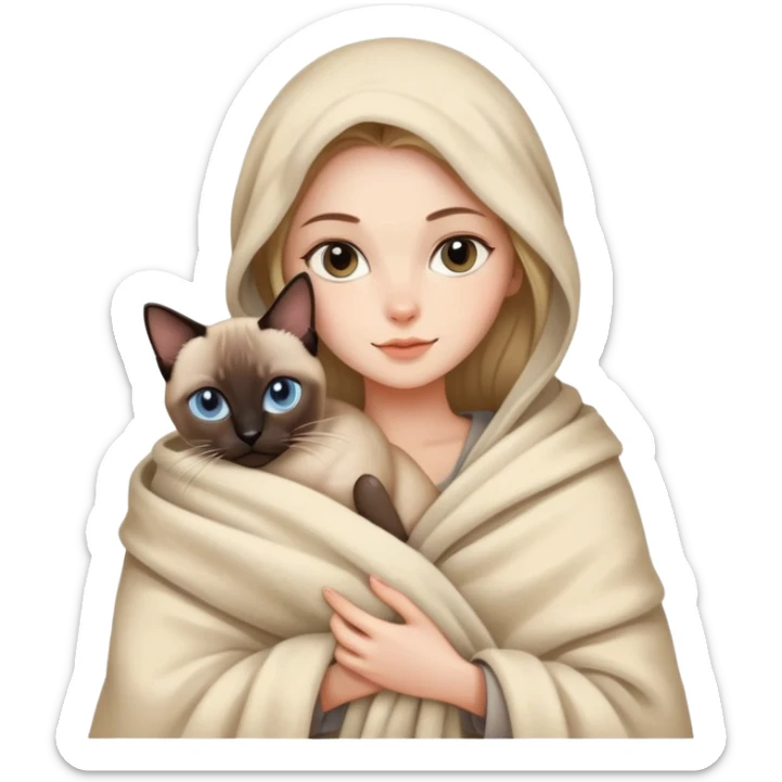 A beautiful Caucasian girl wrapped in a blanket holding a Siamese cat sticker